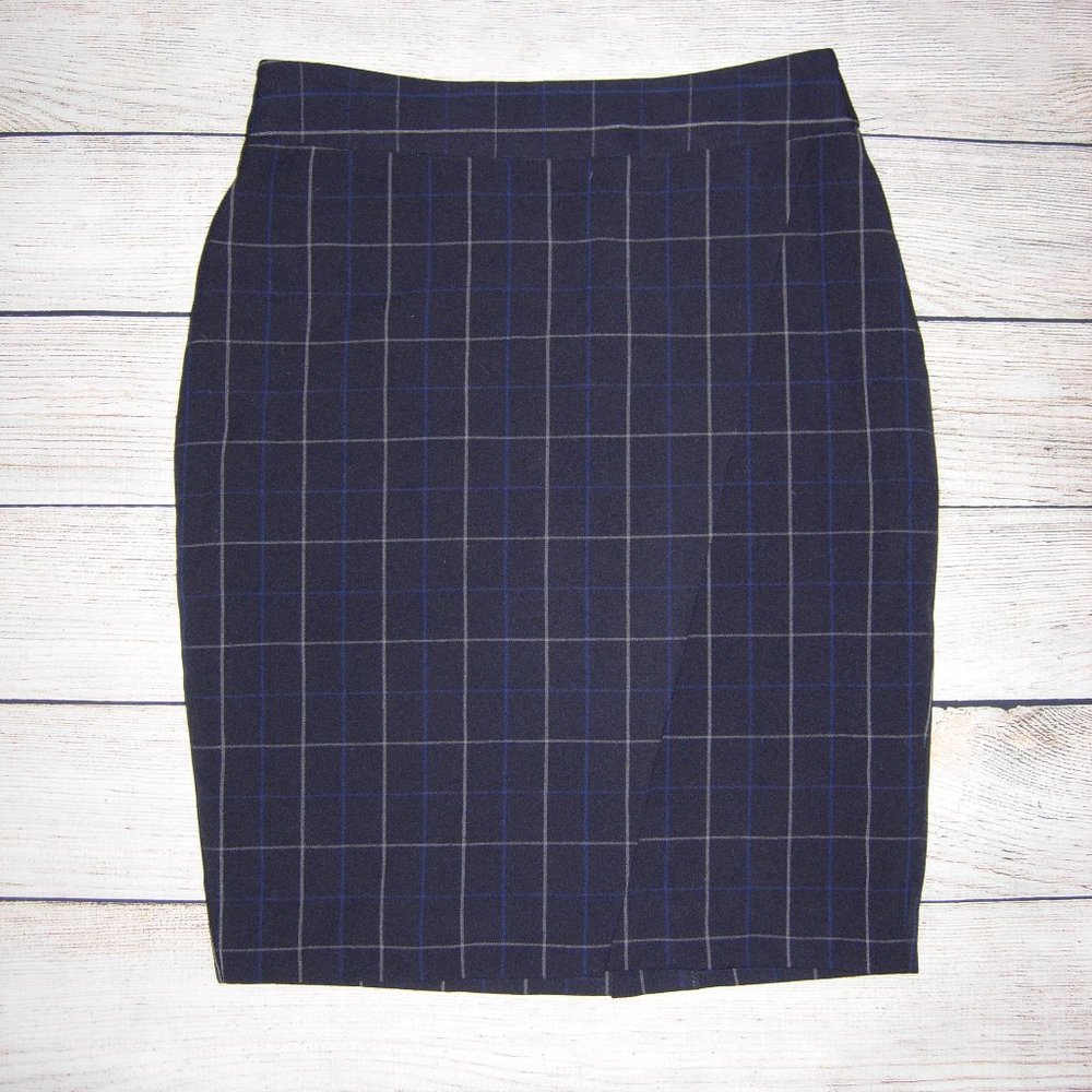 Amanda + Chelsea Navy Window Pane Faux Wrap Skirt 4